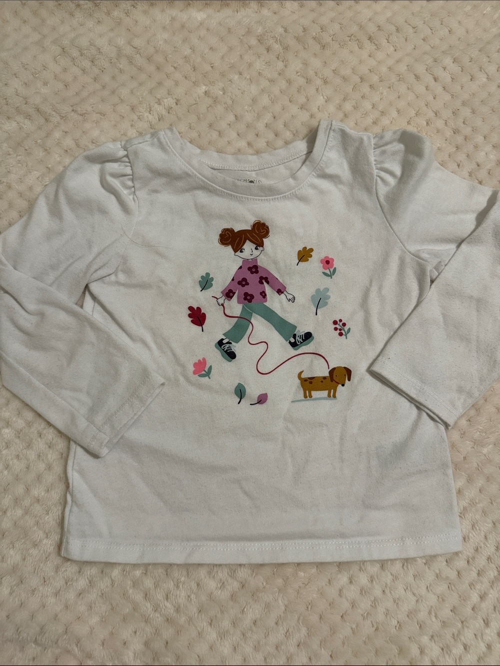 Toddler Girl White Long-Sleeve Tee with Girl Walking Dog Graphic